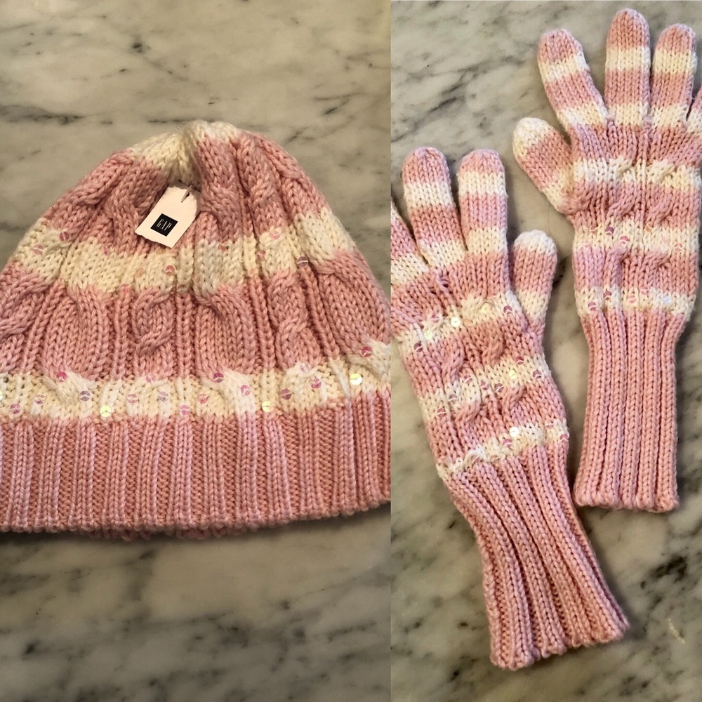 GAP pink and white striped hat and gloves